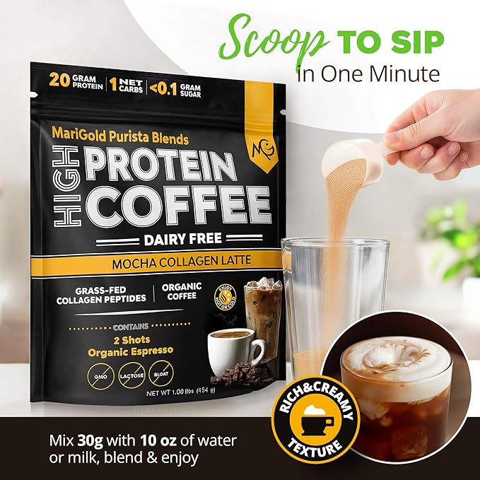 MariGold High Protein Collagen Coffee - Mocha Collagen Latte, Dairy Free, 20g Grass-Fed Type I & III Collagen Peptides, Energy Boost, 2 Shots Organic Espresso, Non-GMO, 1 Lb Bag, 15 Servings