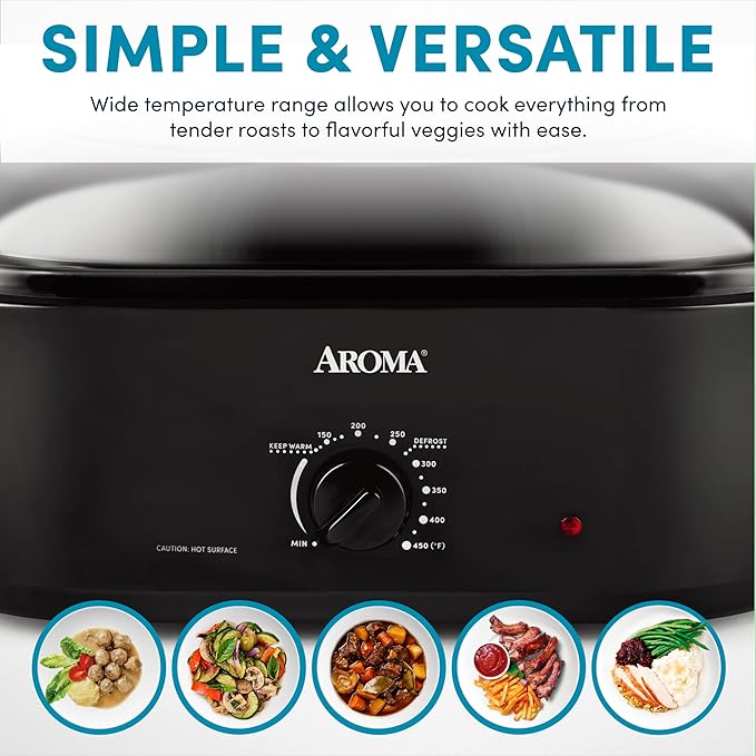 AROMA 18Qt. Roaster Oven with Self-Basting Lid, Fits 22-lb. Turkey, Adjustable Temperature Settings, Keep Warm Setting, Black (ART-718B)