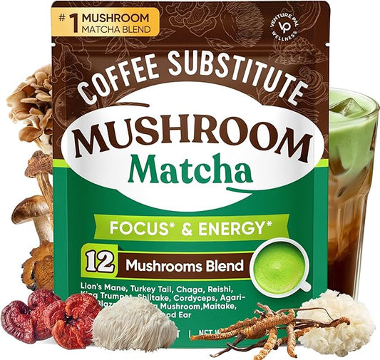 Venture Pal SUPERFOODS Mushroom Matcha Powder – 12 Adaptogenic Mushroom Coffee Alternative with 1.5B Probiotics & L-Theanine, First Harvest Ceremonial Matcha for Focus & Energy, 30 Servings