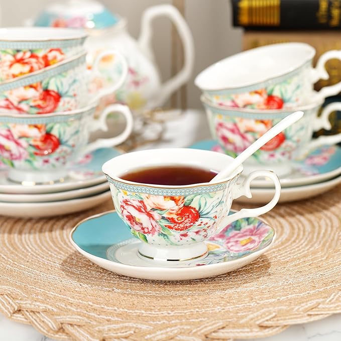fanquare 21-Piece Green and Floral Porcelain Tea Set, Vintage Ceramic Tea Cup and Saucer Set for 6, Teapot Set for Women Party