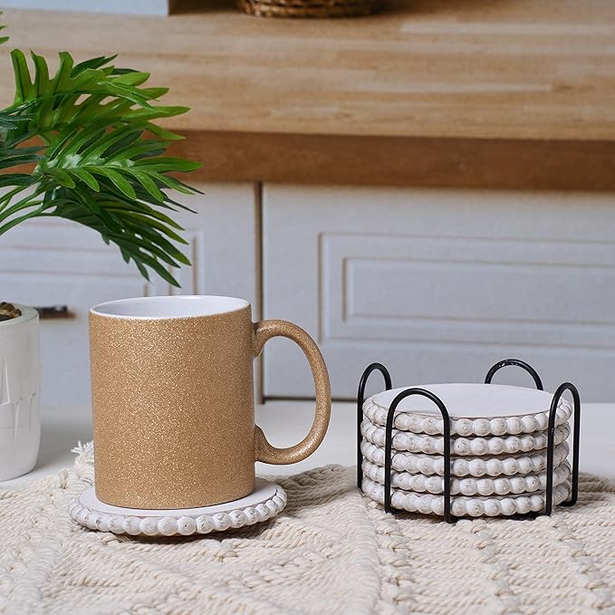 GENMOUS 6 Pack Farmhouse Wooden Bead Coasters with Metal Holder for Coffee Table Decor, Round Handmade Cup Coasters Set for Drinks Absorbent, Rustic Cute Coaster for Home Kitchen Table Décor