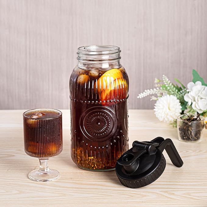 Amzcku Vintage Half Gallon Mason Jar Pitcher Large 64 oz Wide Mouth with Lid - 2 Quart Airtight Glass Jug for Water, Juice, Milk, Tea, Iced Coffee and Drinks
