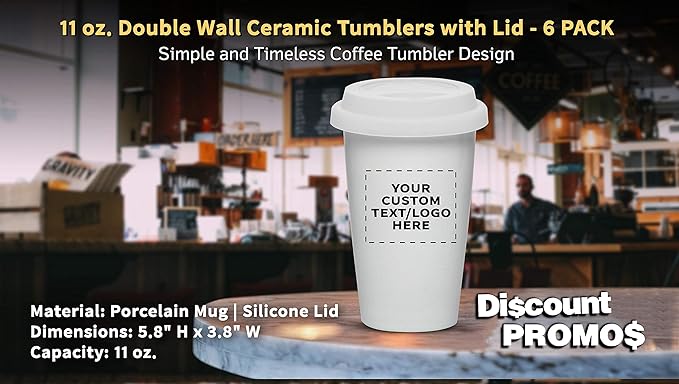 Personalized 11 oz. Double Wall Ceramic Tumblers with Lid - 6 Pack - Custom Text, Logo - White