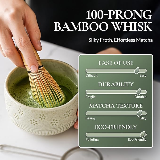 7-Piece Matcha Whisk Set – Ceramic Bowl with Spout, Bamboo Whisk & Holder, Scoop, Sifter, Tea Towel – Complete Ceremonial Tea Kit (Green)