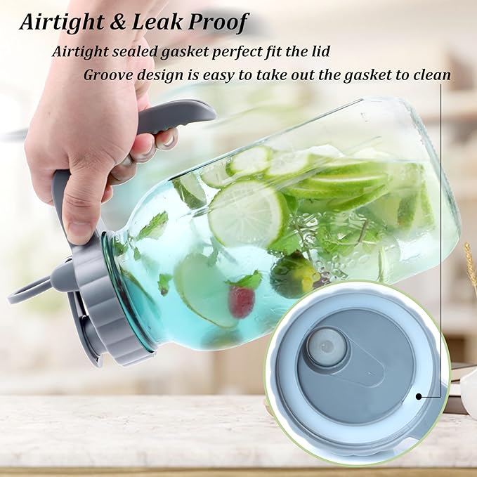 Mason Jar Pitcher 64 OZ Glass Pitcher With Pour Spout Lids (2 Pack) Airtight Leak Proof 2 Quart Wide Mouth Water Pitcher With Handle And Flip Cap For Iced Tea,Milk,Sun Tea, Lemonade,Juice,Iced Coffee
