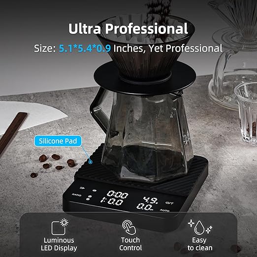 Coffee Scale with Timer, Rechargeable Digital Scale, Ratios & Flow Rate Display, Barista-Grade for Pour-Over, Espresso, French Press – 2kg/0.1g, Black