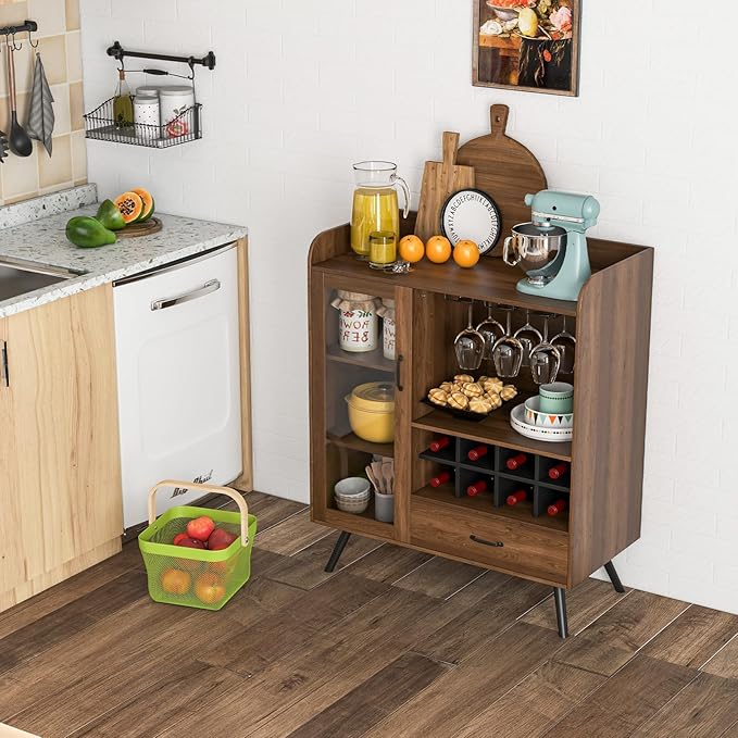 LOKO Farmhouse Coffee Bar Cabinet with Tempered Glass Door, 3-Row Glass Holder & 8-Grid Wine Rack, Buffet Sideboard with Wine Display, Rustic Brown
