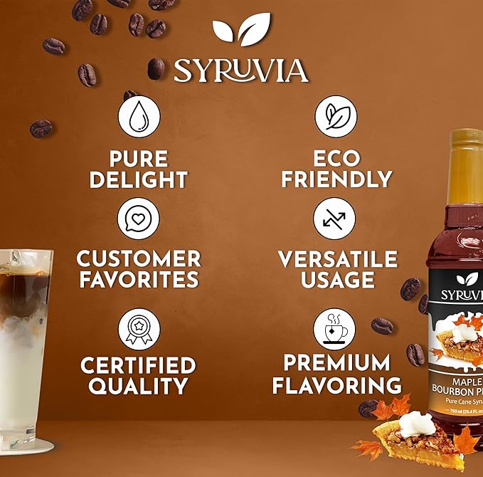 Syruvia Coffee Syrup, Maple Bourbon Pecan Flavored Syrup for Drinks, Lattes, and Desserts – 25.4 fl oz
