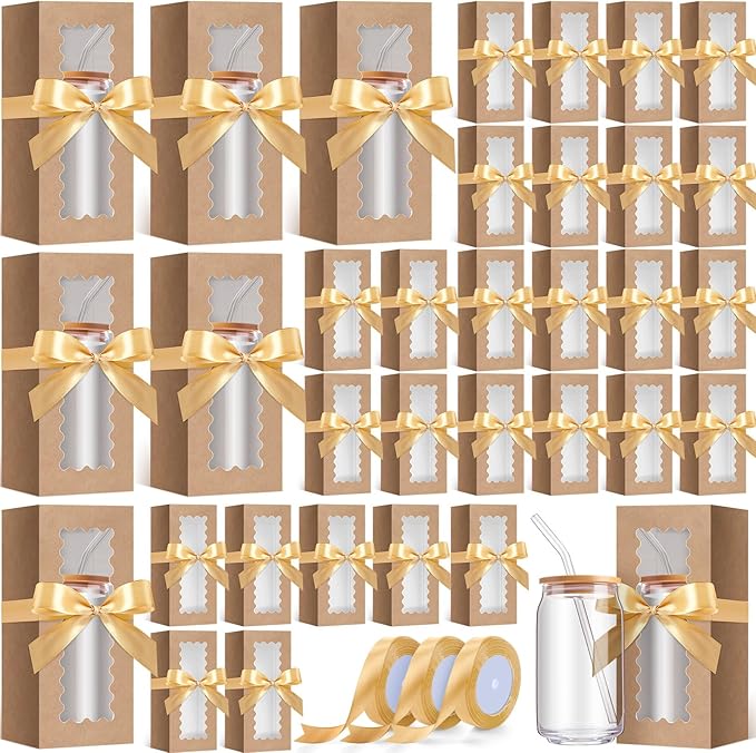 Windyun 100 Pcs Tumbler Gift Boxes for Sublimation Glass Exhibition Boxes Transparent for 12oz 16oz 20oz Shipping Cup Exhibition Packaging for Jars Mug Can Party Supplies(Kraft)