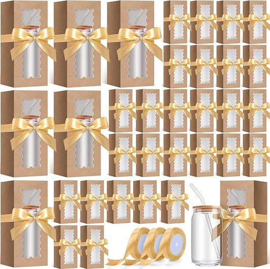 Windyun 100 Pcs Tumbler Gift Boxes for Sublimation Glass Exhibition Boxes Transparent for 12oz 16oz 20oz Shipping Cup Exhibition Packaging for Jars Mug Can Party Supplies(Kraft)