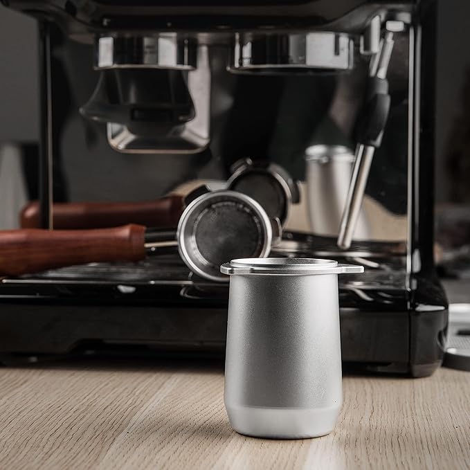 54mm Espresso Dosing Cup for Portafilter, Matte Silver Grounds Cup with Grinder-Activating Ring, Easy Transfer & Less Mess, Compatible with 54mm Breville Portafilters
