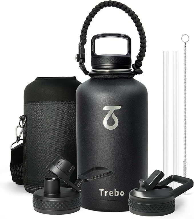 Trebo 64oz Water Bottle,Large Stainless Steel Water Jug with 3 Lids, Triple Wall Vacuum Sports Thermo bottle Keep Hot 24 Hours & Cold 48 Hours,Wide Mouth Flask,Black
