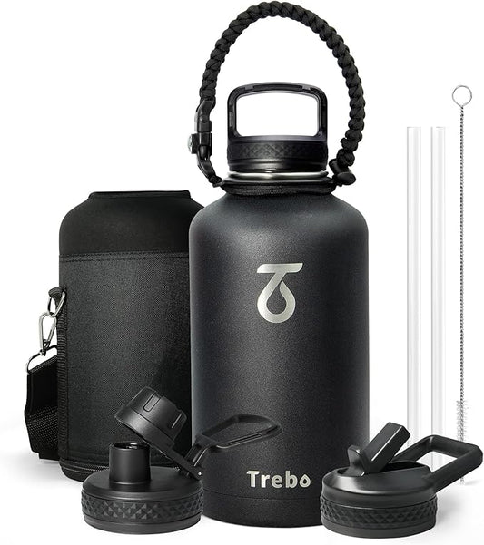 Trebo 64oz Water Bottle,Large Stainless Steel Water Jug with 3 Lids, Triple Wall Vacuum Sports Thermo bottle Keep Hot 24 Hours & Cold 48 Hours,Wide Mouth Flask,Black