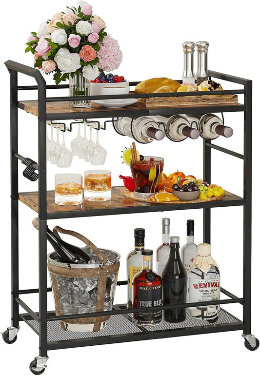 Metal Bar Carts, Rolling Bar Cart with Wheels, Liquor Cart, Rustic Brown Small Bar Cart, Wine cart, Beverage Cart with Glass Holders & Wine Rack for Kitchen Dining Living Room (Rustic Brown) GBC507R