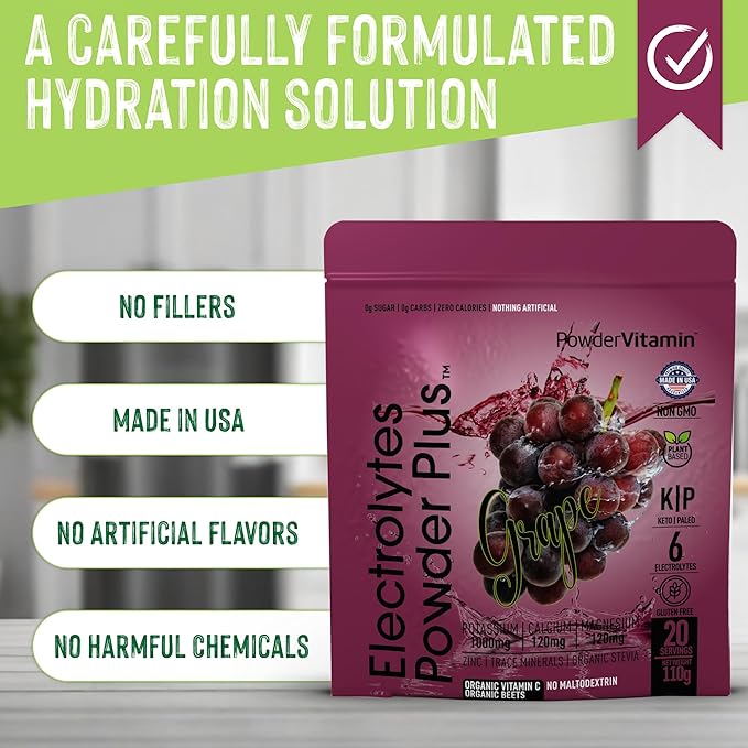PowderVitamin Electrolytes Powder Plus (20 Servings) Grape Electrolyte Powder Zero Calorie Keto,0 Sugar, No Maltodextrin,1000mg Potassium,120mg Calcium,120mg Magnesium, Pink Himalayan Salt