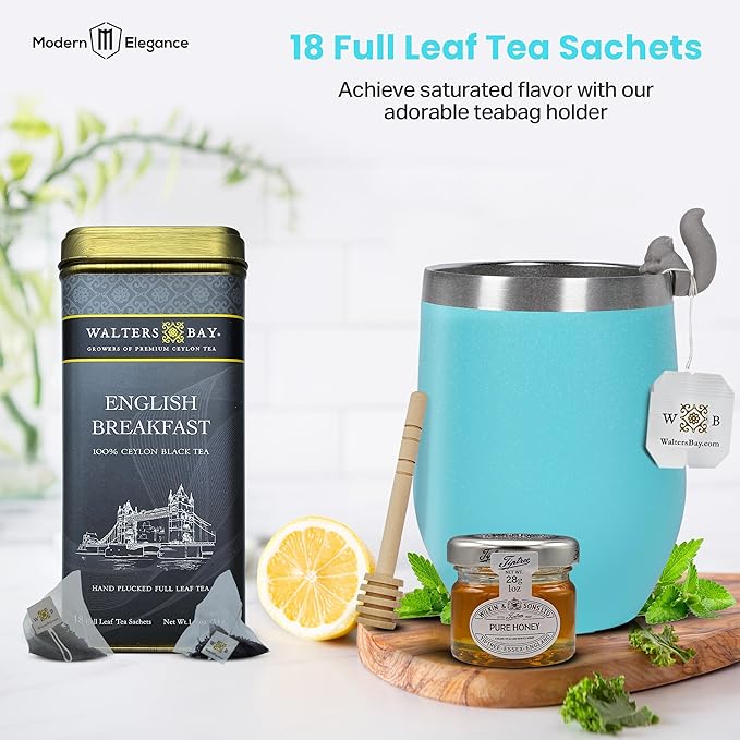 Tea Gift Set for Women – Get Well Basket with Cozy Socks, 18 Full Leaf Sachets, Honey, Tumbler & Sending Hugs Card (English Breakfast)