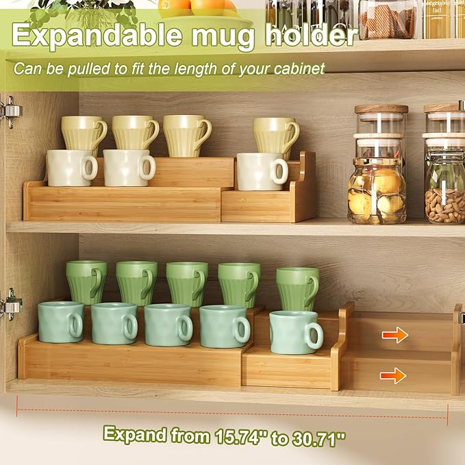 2-Tier Expandable Bamboo Mug Holder Coffee Mug Rack Organizer for Countertop, Multi-Functional Mug Display Shelf for Coffee Bar, Kitchen, and Home (15.75"~30.71")