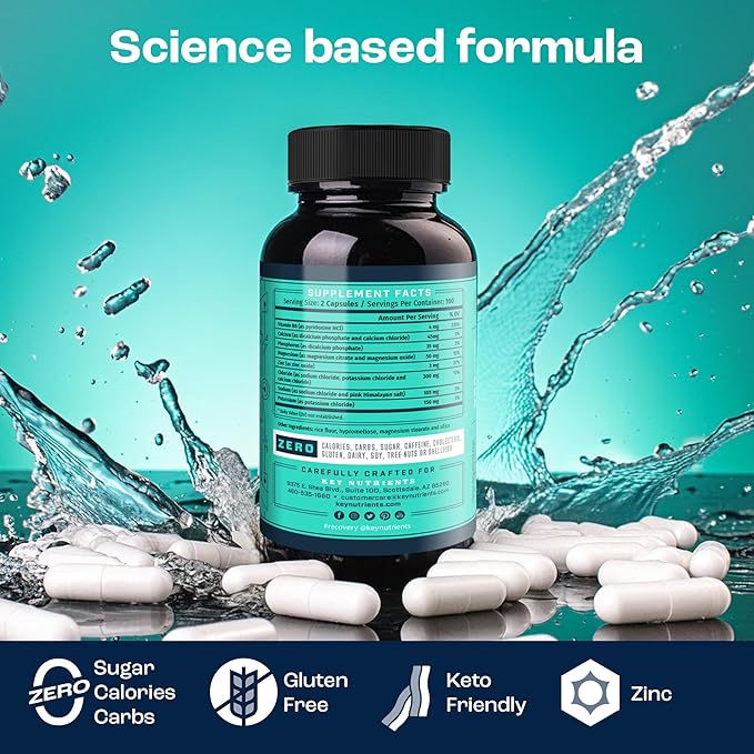 KEY NUTRIENTS Electrolyte Tablets, 200 Capsules, Salt for Dehydration, Fasting Electrolytes- Salt Pills with Electrolytes, No Sugar, Gluten Free Hydration Tablets Made in USA