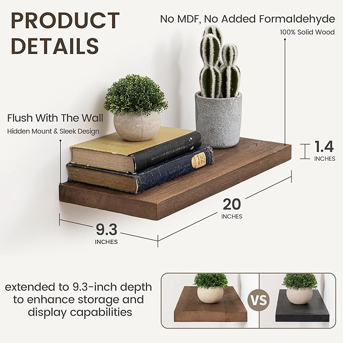 Marsmiles 20 Inch Floating Shelves | 9.3 Inch Deep Dark Wood Wall Shelves Set of 2 | Rustic Reclaimed Wood Shelves for Room Wall | Farmhouse Floating Shelves for Living Room Bathroom