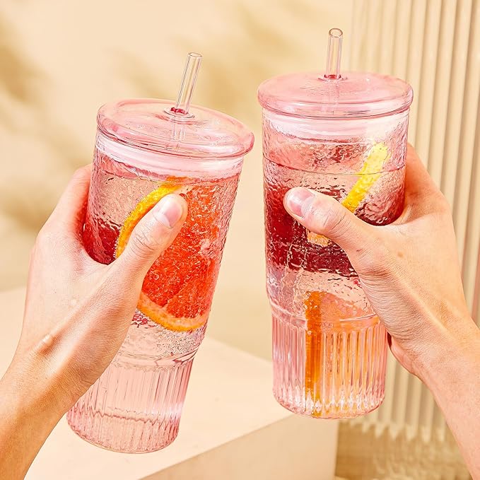 Glass Cups with Lids and Straws,24oz Glass Tumbler with Handle Iced Coffee Cup for Coffee,Juice,Tea,Milk,Smoothie,Hot & Cold Drinks (Pink)