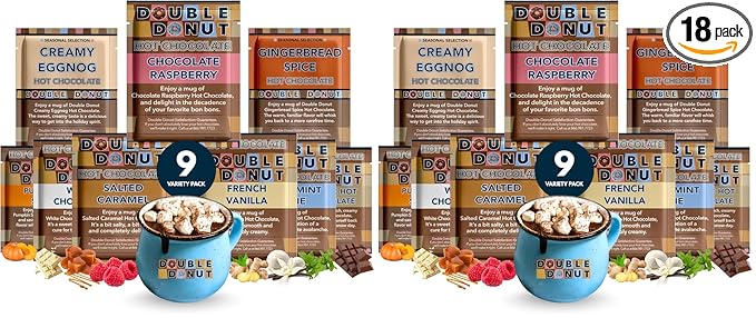 Double Donut Flavored Hot Chocolate Packets Variety Pack, 9 Count Includes Classic, Chocolate Raspberry, Salted Caramel, Peppermint, Eggnog & Gingerbread (Pack of 2)