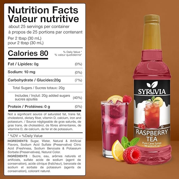 Syruvia Raspberry Tea Flavored Syrup for Drinks, Cocktails, Lemonades, Iced Teas and Desserts – 25.4 fl oz