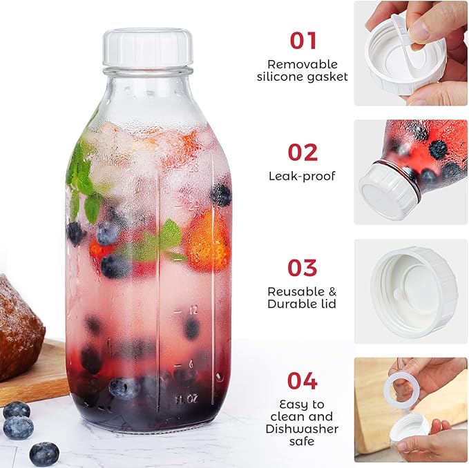 32 oz Reusable Glass Milk Bottles with Silicone Dispenser Cap, 2 Pack Glass Jars with Airtight Screw Lid, Leak Proof Juice Bottles with Scale Mark Breastmilk Storage Container for Fridge