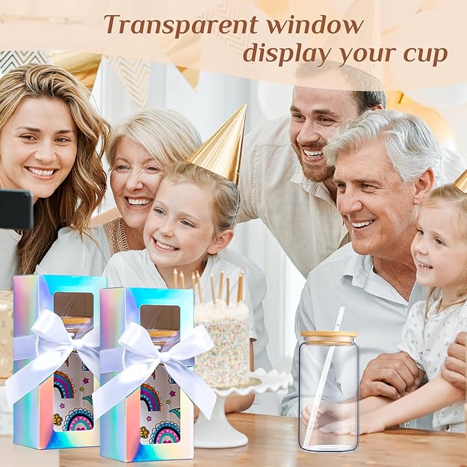 Honoson 24 Pcs Tumbler Gift Box with Ribbon for Sublimation Glass Exhibition Boxes Transparent for 12oz 16oz 20oz Drinking Cup Glasses Jars Mug Can Blanks(Laser Color)