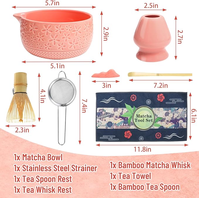 Matcha Whisk Set, 7Pcs Pink Matcha Kit for Ceremony, Handcrafted Gifts for Women, Traditional Ceramic Matcha Bowl with Spout, Bamboo Whisk and Holder, Tea Set for Matcha Lovers, Gift for Christmas
