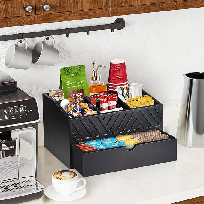 Farmhouse Coffee Bar Organizer - Wooden Countertop Station With Drawer, Pods Holder & Storage Basket