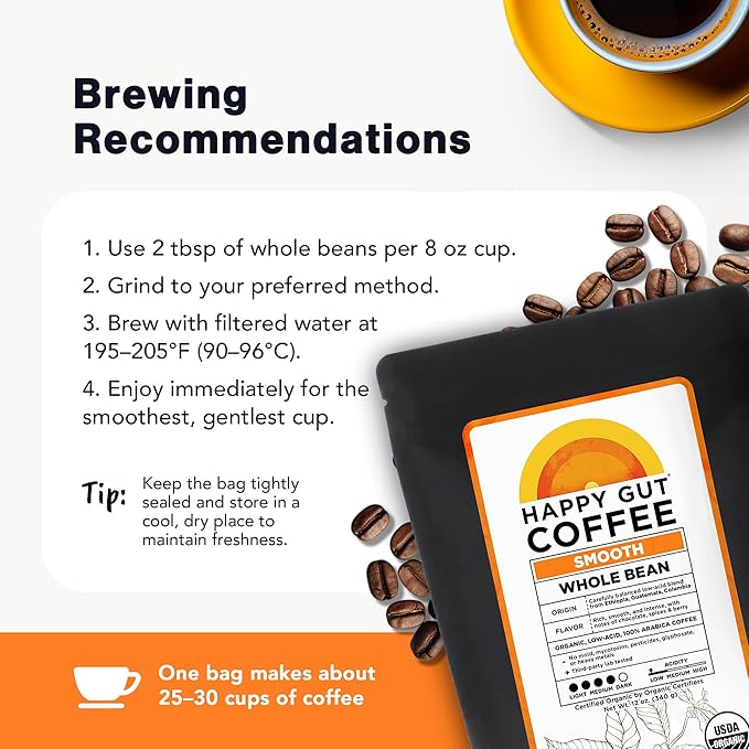 Happy Gut Coffee - Doctor-Formulated, Organic Medium-to-Dark Roast Coffee - Gut-Friendly - Gentle on Stomach - Rich Flavor, Gluten-Free, No Bitterness - 12oz - SMOOTH - Whole Bean
