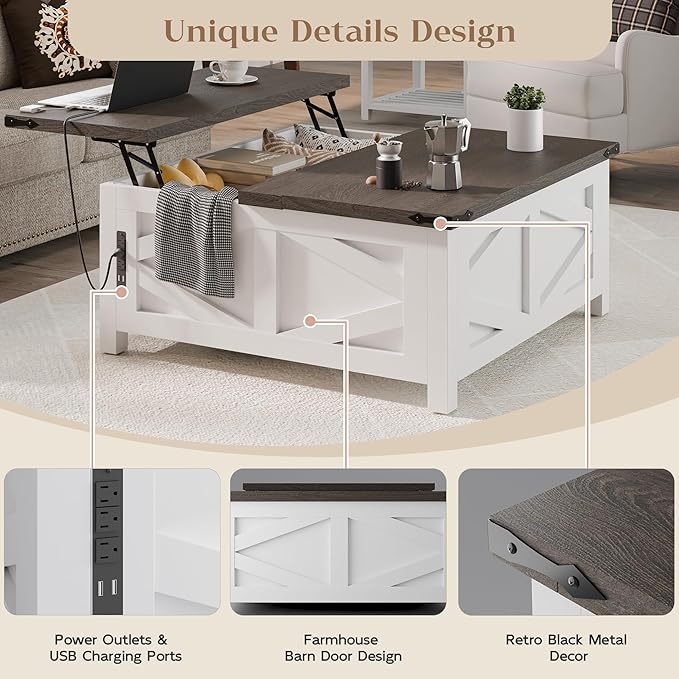 TOLEAD 36" Farmhouse Lift Top Coffee Table with Storage, Square Coffee Table with Charging Station, Living Room Center Table with Large Hidden Space, White