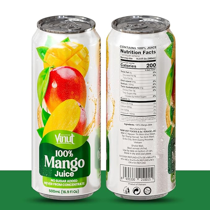VINUT 100% Mango Juice, No Sugar Added, Never From Concentrate, 16.9 fl oz (500 mL) Can, Pack of 12