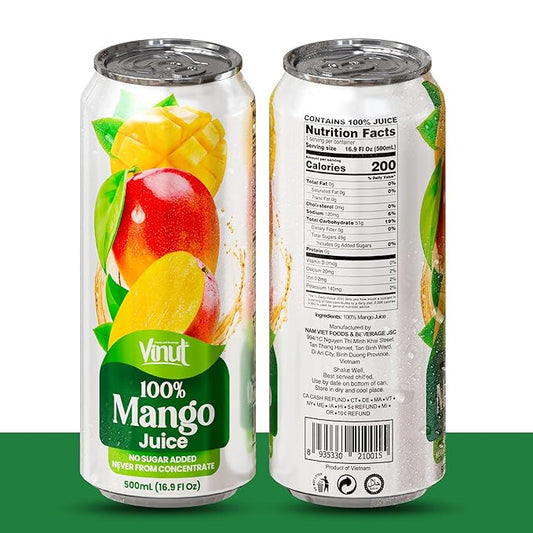 VINUT 100% Mango Juice, No Sugar Added, Never From Concentrate, 16.9 fl oz (500 mL) Can, Pack of 12