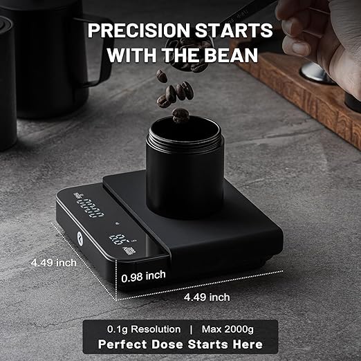 KitchenTour CaféMetric Coffee Scale with Timer 0.1g/2000g - Precision Small Scale for Espresso & Pour Over - Mini Scale with LED Display (Black, AAA Battery)