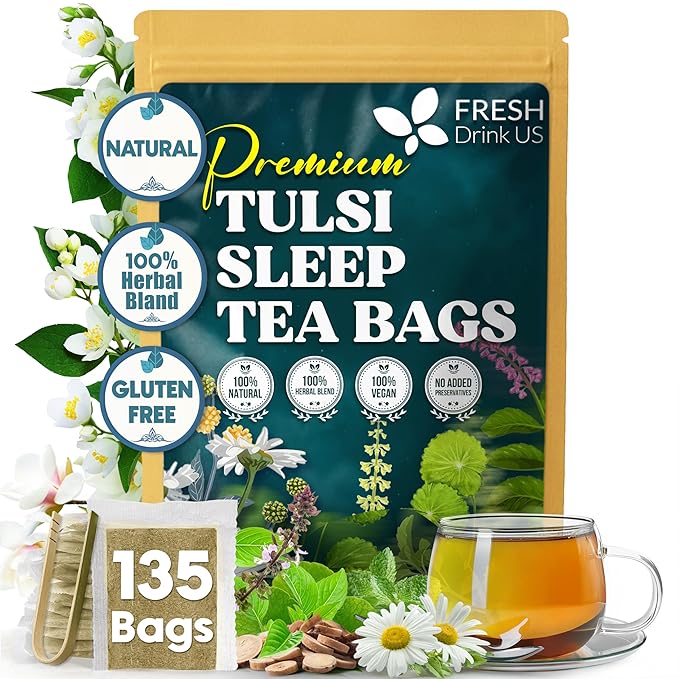 FreshDrinkUS, Tulsi Sleep Tea Bags | 135 Tea Bags | Herbal Blend with Tulsi Holy Basil, Chamomile, Gotu Kola, Ashwagandha & Peppermint | Naturally Caffeine-Free, Relaxing Evening Herbal Tea. Vegan