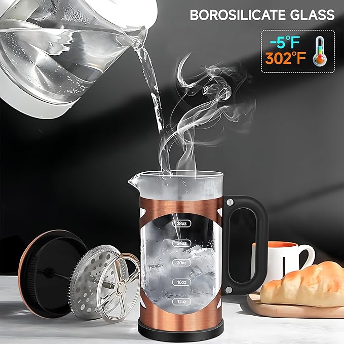 YMMIND 34 Ounce French Press Coffee Maker Copper Stainless Steel Coffee Press, with 4-Level Filter System, Heat Resistant Thickness Borosilicate Glass, BPA-Free Brewed Coffee Pot for Camping Gifts