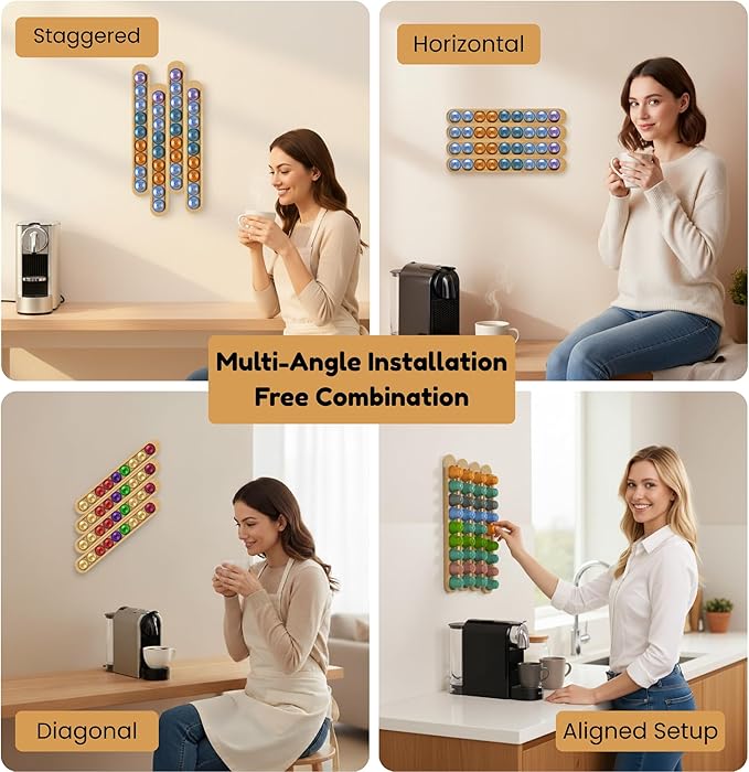 Bamboo Coffee Pod Holder, Adhesive Wall Mount (No Drilling) for Cabinet Door, 36-Capsule Storage (Set of 4) — Vertical/Horizontal — Compatible with Nespresso Original Line-Bamboo Brown