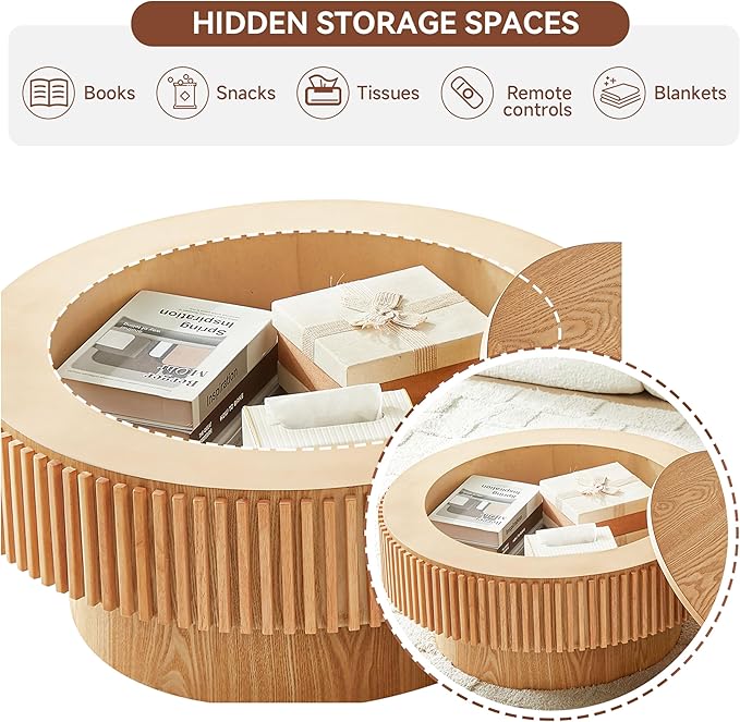 SZTHHDF Round Coffee Table for Living Room,Fluted Drum Accent Tea Center Table with Storage,Circle Modern Coffee Tables for Small Space Office Apartment (31.5" L×31.5''W×14''H-Natural)