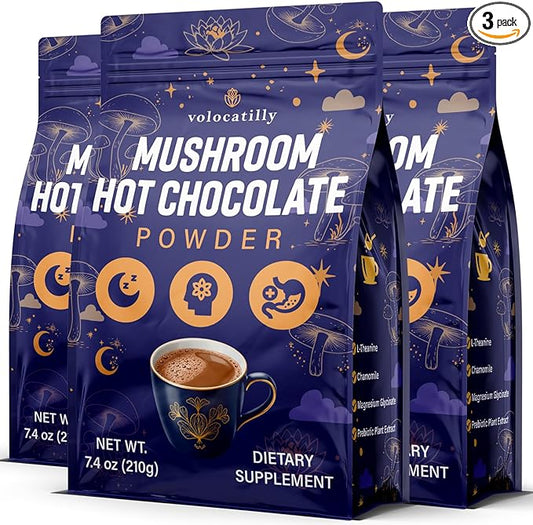 Mushroom Hot Cocoa with Magnesium Glycinate, Reishi, L-Theanine, Ashwagandha, Lemon Balm, Lavender, Cacao Powder Organic Hot Chocolate Supplement for Sleep, Relaxation, No Melatonin, Vegan, 3P