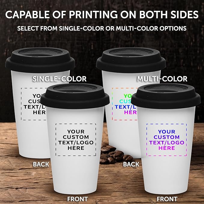 Personalized 11 oz. Double Wall Ceramic Tumblers with Lid - 12 Pack - Custom Text, Logo - Black
