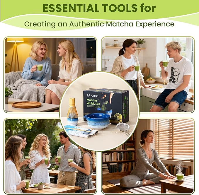 Matcha Whisk Set, Ceramic Matcha Kit Desert Style, Matcha Whisk and Bowl, Bamboo Scoop and Rest, Sifter and Tea Towel, 7 Pcs Gifts for Matcha Lover (Blue)