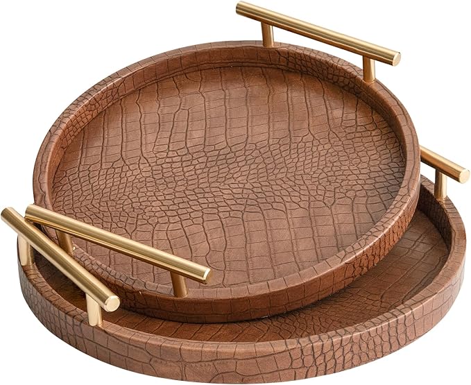 Modern Decorative Serving Tray, Set of 2 Modern Crocodile Leather Round Trays with Polished Metal Handles, Decorative Trays Coffee Table Tray Ottoman Platter for Home Decor (Brown)