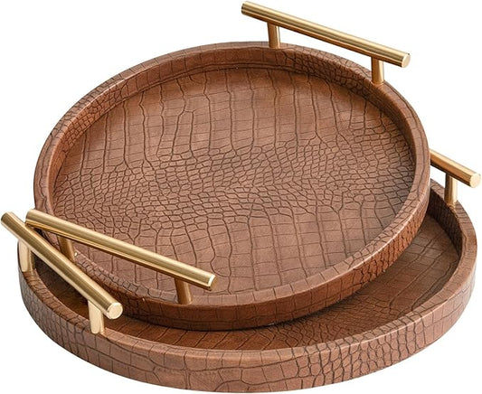 Modern Decorative Serving Tray, Set of 2 Modern Crocodile Leather Round Trays with Polished Metal Handles, Decorative Trays Coffee Table Tray Ottoman Platter for Home Decor (Brown)
