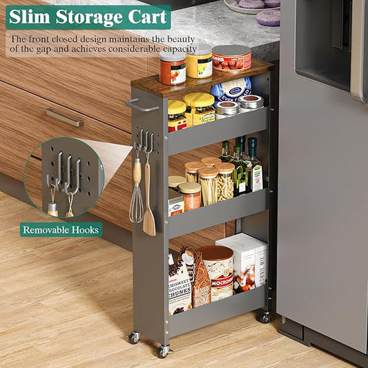 Slim Storage Cart, 4-Tier Kitchen Rolling Cart Narrow Storage Cabinet with Handle & Wheels, Metal Rolling Shelf Unit for Kitchen Bathroom Laundry Small Places (5.9IN/ Gary/Brown)