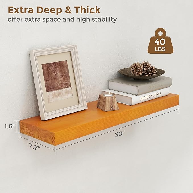 Marsmiles 30 Inch Floating Shelves | Rustic Honey Oak Wall Shelves Set of 2 | 30" W x 7.7" D x 1.6" H Wooden Shelves for Bathroom Kitchen Living Room