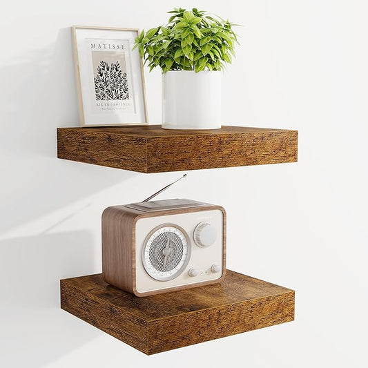 Marsmiles 6.7" Floating Shelves for Wall, Wooden Shelves with Invisible Brackets Set of 2, Rustic Farmhouse Wall Mounted Shelf for Kitchen Bathroom Living Room Study, Rustic Brown