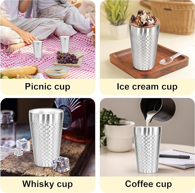 AGH 4 Pack Stainless Steel Cups for Kids, Metal 15oz Double Layer Insulated Cup, Reusable Stackable Cup for Party Outdoor (Matte Silver)