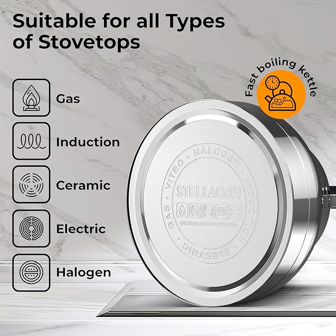 Stovetop Whistling Tea Kettle – 2.4 QT Stainless Steel Teapot with Ergonomic Handle, Fast Heating for Gas, Electric & Induction Stoves – Shiny Finish, Silver