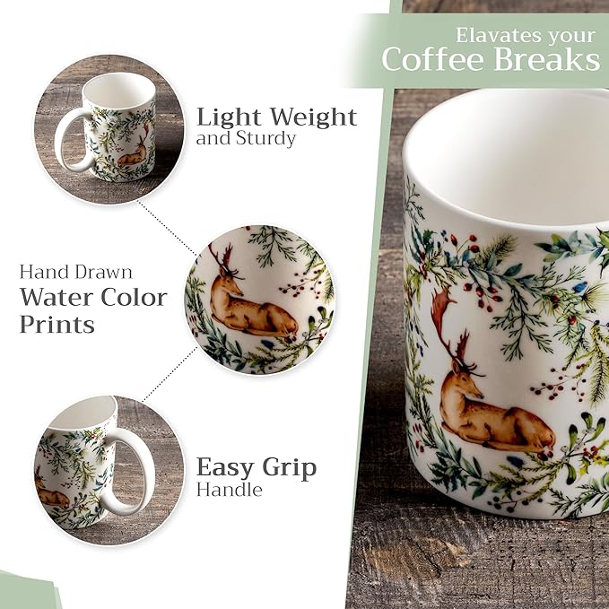 Maison d' Hermine Coffee Mug with Handles Fine Bone China Mugs Pack of Two Tea Cups for Hot Beverages Cappuccino Latte Home Restaurant Office Perfect for Gift (Holly Time, 15 Ounce)